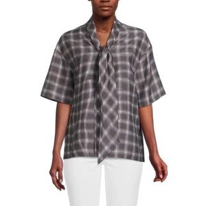 New Theory Project Women's Tie Neck Plaid Silk Blend Top in Gray Size S